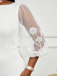 SHEIN Lady 大尺碼女款網紗拼接休閒派對洋裝 - 白色 - 查看 4