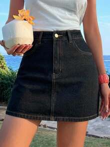 DAZY Summer Vacation Beach Sport Casual Raw Denim Skirt Jeans Skirt - Black - View 9