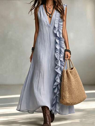 Hotletica Women's Solid Color V-Neck Patchwork Ruffle Hem Sleeveless Fashion Vacation Dress