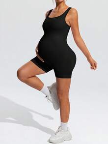SHEIN 孕婦純色休閒日常運動連身褲 - 黑色 - 查看 6