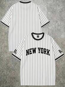 Teen Boy New Casual Simple Y2K Striped, New York English Letter, Sports Style American Retro, Colorblock, Short Sleeve T-Shirt Suitable For Summer - Black and White - View 3