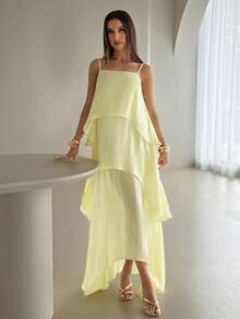Aloruh Vestido azul de tirantes finos de unicolor elegante para vacaciones - Verde - Ver 6