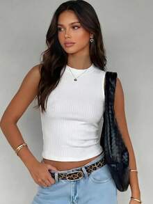 Paquete de camisetas de tirantes de algodón con tejido de canalé para mujer, cuello redondo, ajuste ceñido, estilo básico casual. - Blanco - Ver 6