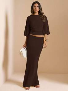SHEIN BAE Women's Solid Color Backless Top Mermaid Skirt Elegant 2 Pieces Set Party Night Dark Brown Autumn - Coffee Brown - View 5