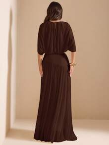 SHEIN BAE 女款優雅純色短版上衣與超長裙 2 件套裝 - 咖啡棕 - 查看 2