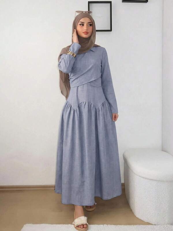 Solavon 女款時尚收腰百褶領長袖阿拉伯風洋裝