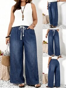 EMERY ROSE EMERY ROSE Plus Size Women's Drawstring Waist Pocket Casual Traditional Loose Fit Versatile Daily Travel Denim Jeans Boho Wide Leg Summer Vacation Beach - Blue - View 3