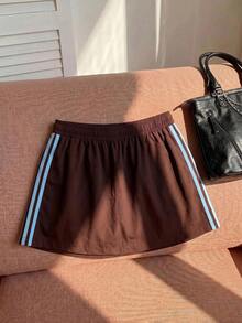 Comfortcana Damen Große Größen Lässig Vintage Amerikanischer Sportlicher Stil Seitenstreifen Braun Strickrock, Elastischer Bund Rock - Braun - Übersicht 3