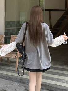 DAZY 女款字母印花圓領拼接蕾絲二合一長袖T恤 - 灰色 - 查看 8
