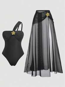 Swim Oasis 2026 Plus Size French One-Shoulder One-Piece Swimsuit For Women Tummy Control Slimming Gold Fairy Style Elegant Sexy Beach Vacation Swimwear Summer - Black - View 1