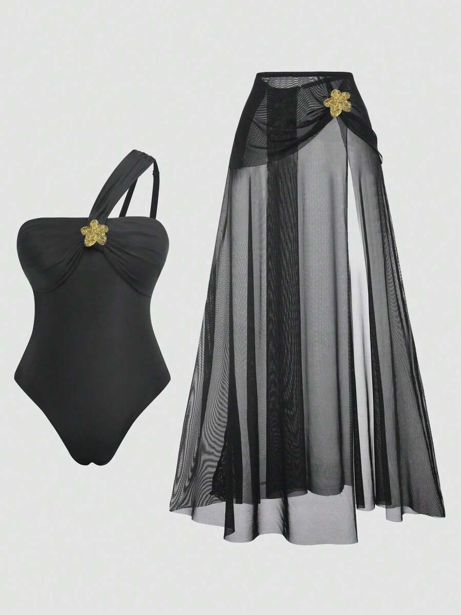 Swim Oasis 2026 Plus Size French One-Shoulder One-Piece Swimsuit For Women Tummy Control Slimming Gold Fairy Style Elegant Sexy Beach Vacation Swimwear Summer - Black - View 1