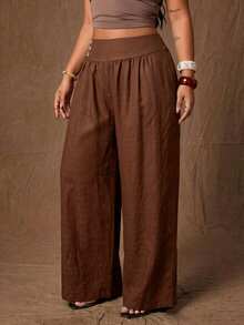 SHEIN CURVE+ Damen Große Größen Lässig Einfarbig Weite Hose - Braun - Übersicht 1