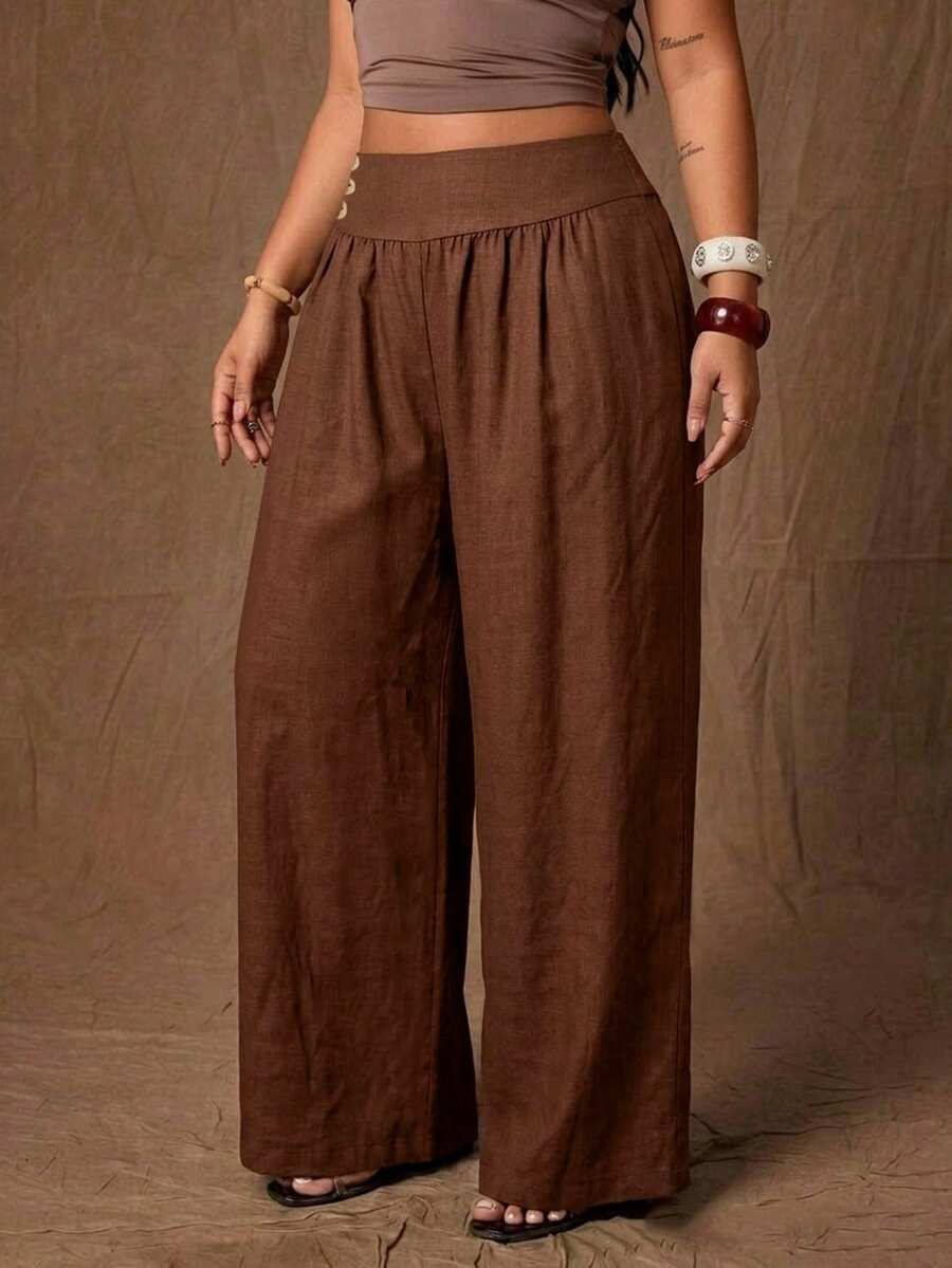 SHEIN CURVE+ Damen Große Größen Lässig Einfarbig Weite Hose - Braun - Übersicht 1