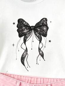 (Random 3 Pcs, Send 1 Pc) Summer Baby Girl Refreshing Minimalist Colorful Star & Bow Print Basic Short Sleeve T-Shirt - White - View 5