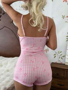 CottageSlumber Pink Plaid Bow Print Decor White Button Casual Fashion Slim Fit Pajama Jumpsuit - Pink - View 2