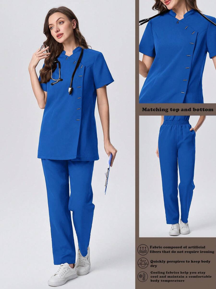 Scrubzie 抗皺立領短袖多鈕扣女款刷手服上衣與長褲兩件套 - 寶藍色 - 查看 1