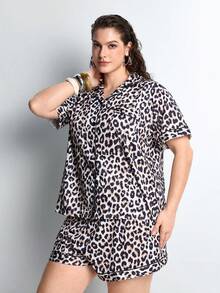 Slumbrini 2pcs Women Pajama Set, Leopard Print, Ladies Homewear, Spring/Summer Holiday Outfit, Short Sleeve Lapel Top And Shorts Can Be Worn Outerwear - Brown - View 4