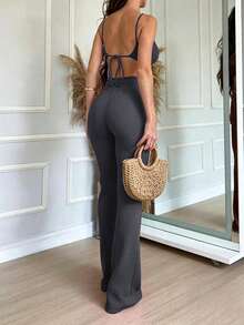 EMERY ROSE Casual Vacation Halter Neck Backless Tie Tank Top & Slim Fit Flare Leggings Two Pieces Set - Grey - View 2