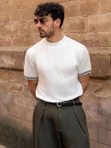 YOUESAWY YOUESAWY Men's Spring/Summer High Collar Short Sleeve Ribbed Knit Contrast Stripe Slim Fit Retro Gentleman Style Casual Refined Knit Top, Designer Men Knit Shirt - Champagne - View 5