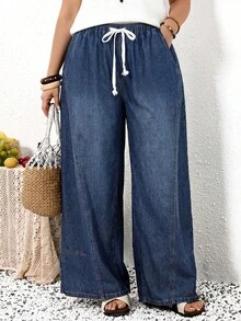 EMERY ROSE EMERY ROSE Plus Size Women's Drawstring Waist Pocket Casual Traditional Loose Fit Versatile Daily Travel Denim Jeans Boho Wide Leg Summer Vacation Beach - Blue - View 1
