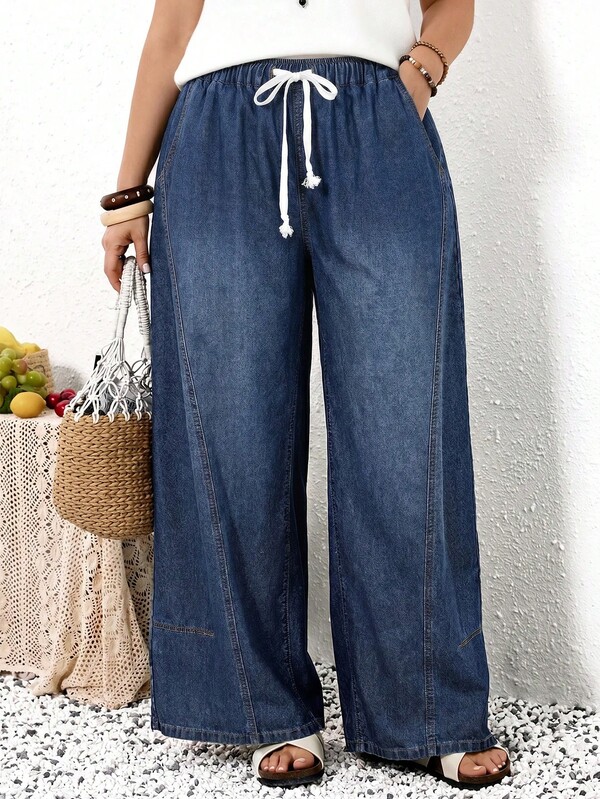 SHEIN EMERY ROSE CURVE Jeans de Mezclilla Talla Grande para Mujer con Cintura de Cordón, Bolsillos, Casual, Versátil, Uso Diario, Viajes, Estilo Boho, Pierna Ancha Holgada, Verano, Casual, Vacaciones, Concierto