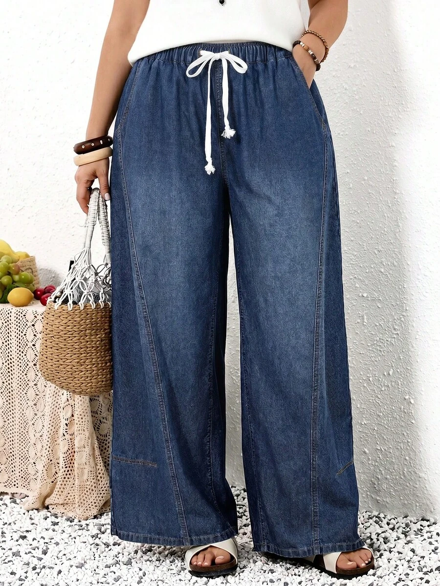 EMERY ROSE EMERY ROSE Plus Size Women's Drawstring Waist Pocket Casual Traditional Loose Fit Versatile Daily Travel Denim Jeans Boho Wide Leg Summer Vacation Beach - Blue - View 1