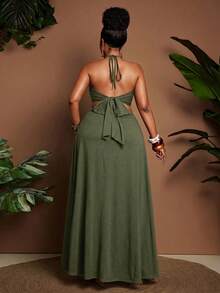 Maweii Summer Plus Size Women Strapless Tie Metal Buckle Decor Tube Top 2 In 1 Waist-Exposing Flared Dress - Army Green - View 2