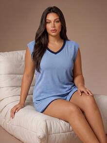 Lazeform Einfarbiges Kontrast-V-Ausschnitt Kurzarm-Shorts Große Größen Pyjama-Set - Blau - Übersicht 6