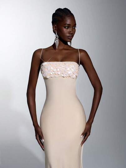 Elitara Elegant And Simple, Deep Apricot Color, Sequined Embroidery, Stretch Satin, Metal Buckle, Halter Neck, Backless, Mermaid Skirt, Evening Gown.