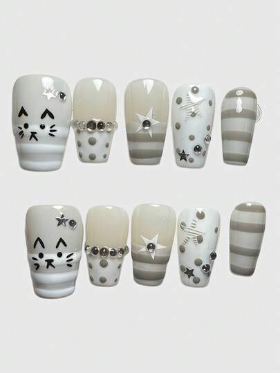 Anime 10 piezas de uñas postizas negras y grises con expresión de gato Y2K, serie Mine de rayas retro, producción masiva, puramente hechas a mano, adecuadas para universidades, festivales de música y citas