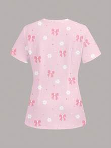 PopScrub Women's Scrub Cute Bow & Daisy Print Top, Pet Hospital - Multicolor - View 2