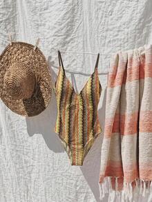Aralina Boho Festival Zigzag Pattern Ruche Front One Piece Swimsuit With Swim Bag - Brown - View 11