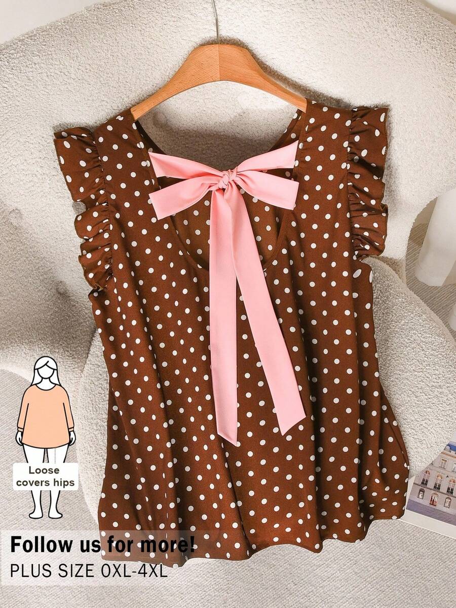 CosyJoli Summer Women's Brown Bow-Tie Color-Blocked Back Tie Ruffle Blouse, Short Flutter Sleeve Top, Plus Size Cute Summer, Holiday