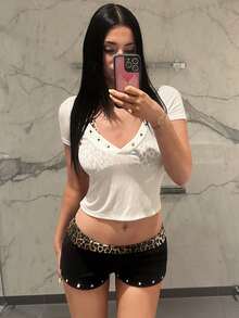 EgrlEra Sexy Leopard Print Waist Studded Shorts Low Waist Slim Fit Hot Pants - Multicolor - View 4