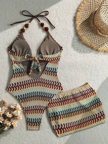 SHEIN Swim 女款新款紋理布料性感串珠連身泳衣附裙組，沙灘裝，度假、泳池、夏季 - 彩色 - 查看 2