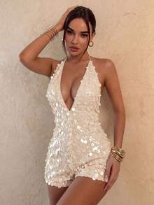 SHEIN Glamour 女款亮片拼接掛脖露背性感休閒連身短褲 - 杏色 - 查看 4