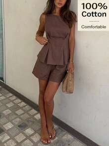 Siren Gaze Summer Fall 100% Cotton Women Brown Round Neck Pleated Top And Shorts Casual Sets Elegant Y2k Holiday Vacation Boho Western  Ruffle Peplum Pleated - Brown - View 2