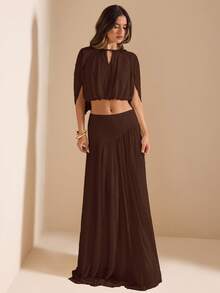 SHEIN BAE 女款優雅純色短版上衣與超長裙 2 件套裝 - 咖啡棕 - 查看 5