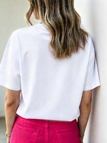 DrmWander Plus Size Women's Letter Towel Embroidery Round Neck Short Sleeve Casual T-Shirt - White - View 2