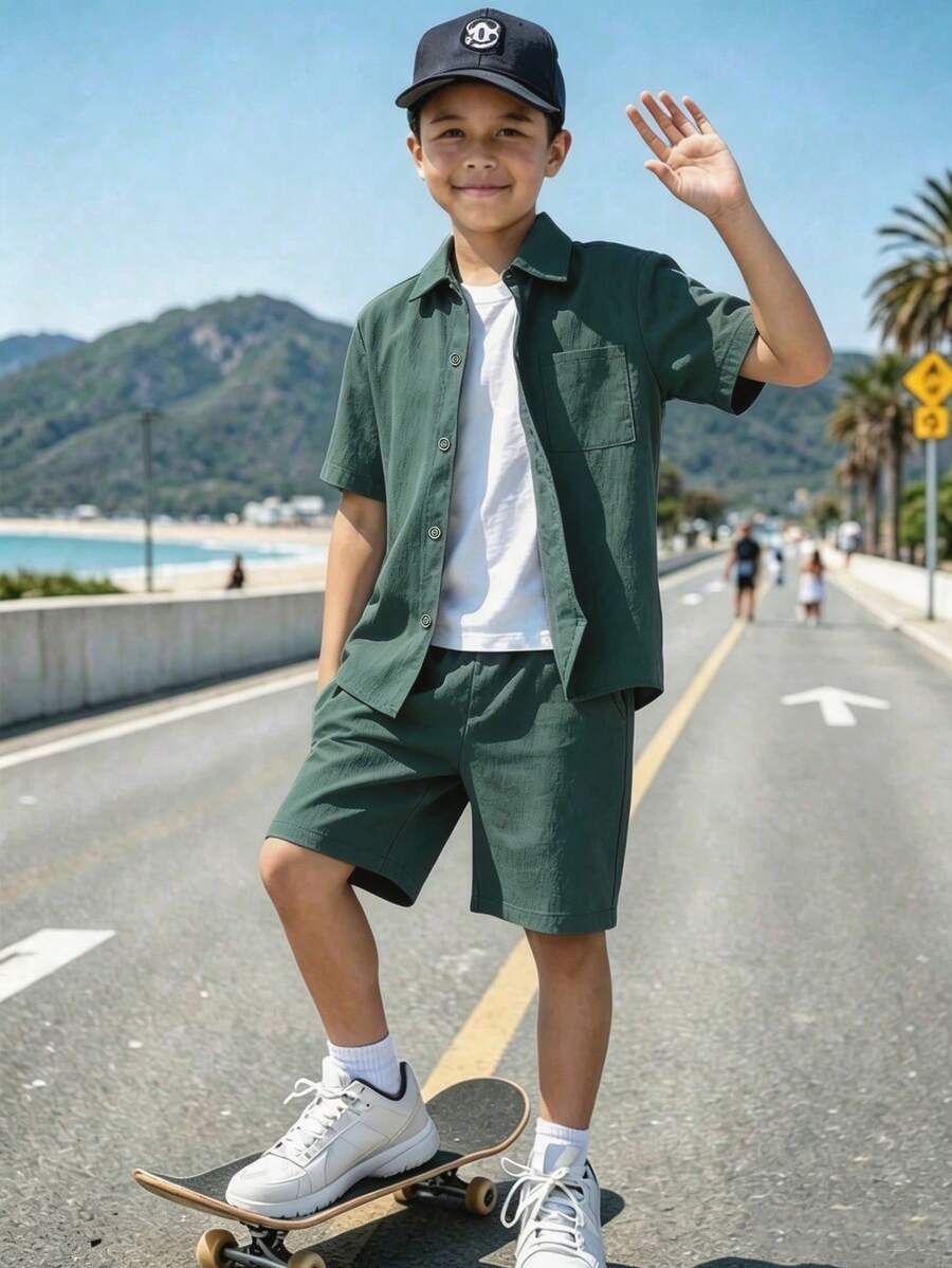 SHEIN Tween Boy Summer Casual Solid Color Shirt & Shorts 2 Pieces Set - Dark Green - View 1