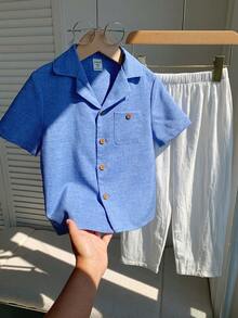 SHEIN 兒童小男孩/小女孩，小男孩 2 件組 春/夏休閒度假風短袖襯衫與長褲套裝，小男孩夏季服飾，穿搭，Squishy - 藍色 - 查看 9