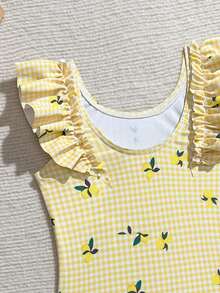 Souflis Souflis Baby Girl Lemon Plaid Print One-Piece Swimsuit With Ruffle Shoulder Design, Cute For Vacation, Beach, Summer Swimming, Party, Gathering, Pool - Multicolor - View 4