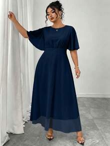 Modelyn Women's Plus Size Elegant Spring/Summer Round Neck Ruffle Bell Sleeve Slim Fit Draped Chiffon Dress - Navy Blue - View 4