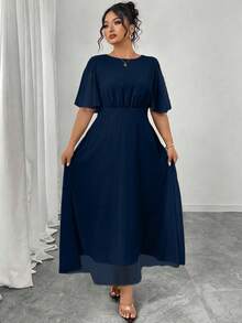 Modelyn Women's Plus Size Elegant Spring/Summer Round Neck Ruffle Bell Sleeve Slim Fit Draped Chiffon Dress - Navy Blue - View 6
