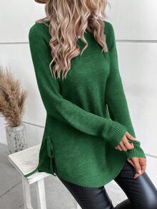 SHEIN 秋冬休閒百搭純色側開衩綁帶毛衣 - 軍綠色 - 查看 5