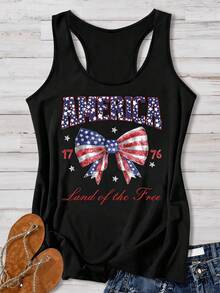 SHEIN VCAY 女款日 Land Of The Free 美國國旗蝴蝶結印花休閒無袖背心 - 黑色 - 查看 1