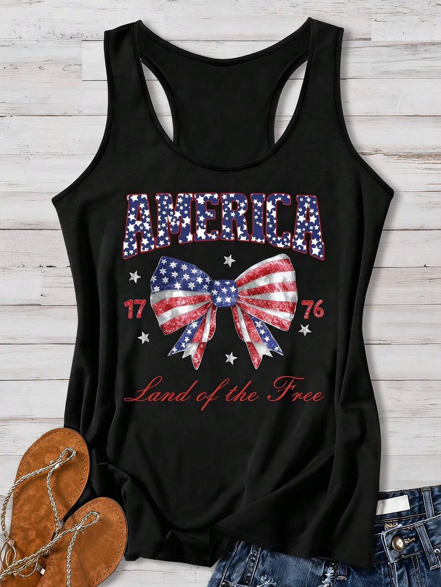 SHEIN VCAY 女款日 Land Of The Free 美國國旗蝴蝶結印花休閒無袖背心 - 黑色 - 查看 1
