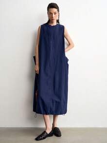 Aalyst Gaun Tanpa Lengan Minimalis Kasual Serbaguna untuk Wanita, Warna Polos, Resleting Depan, Tali Serut, Cocok untuk Liburan Musim Panas Warna Biru Tua - Navy Blue - View 9