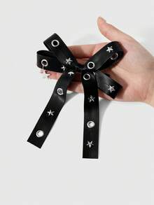 ROMWE Goth 2件組 Y2K 龐克暗黑風黑色皮革氣孔星形鉚釘手工雙蝴蝶結 DIY 鴨嘴夾髮夾組合套裝，姊妹配戴節日禮物 - 黑色-49 - 查看 4