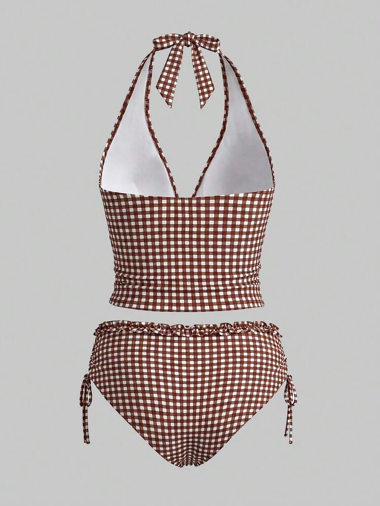 Sweetra CURVE 2026 New Plus Size Women 2pcs/Set Random Plaid Print Elegant Ruffle Trim Casual Tankini Swimwear, Summer Vacation Beach Brown - Brown - View 2